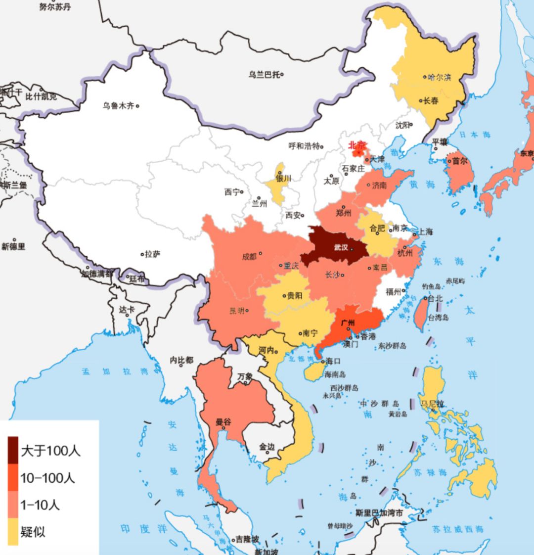 中国确诊或疑似新型冠状病毒地区地图