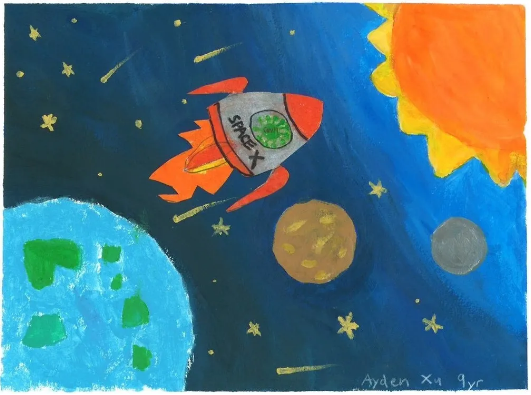 儿童组 第二名：Ayden Xu，9岁，《Send Covid19 germs to outer space 》